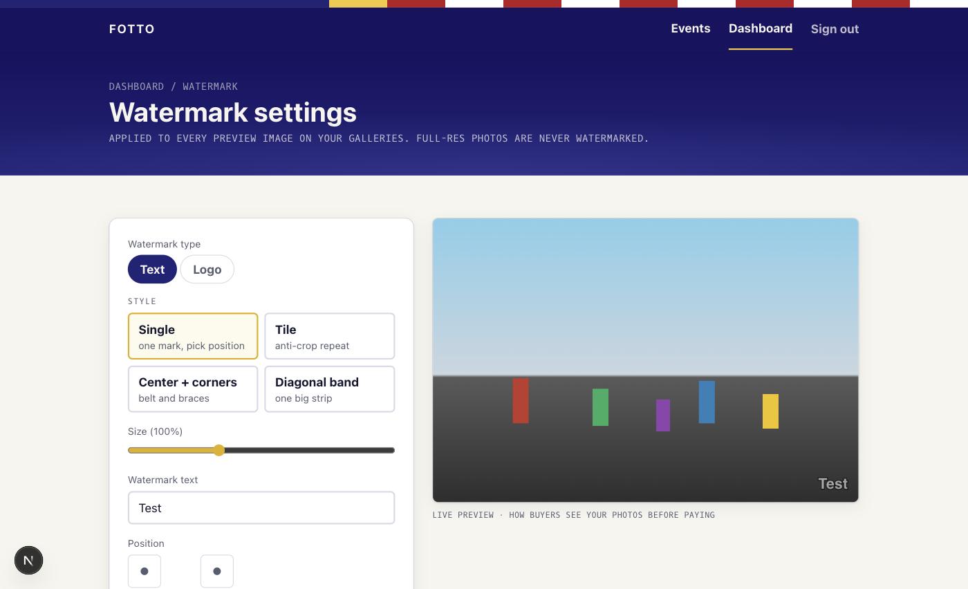The watermark settings screen with a live preview